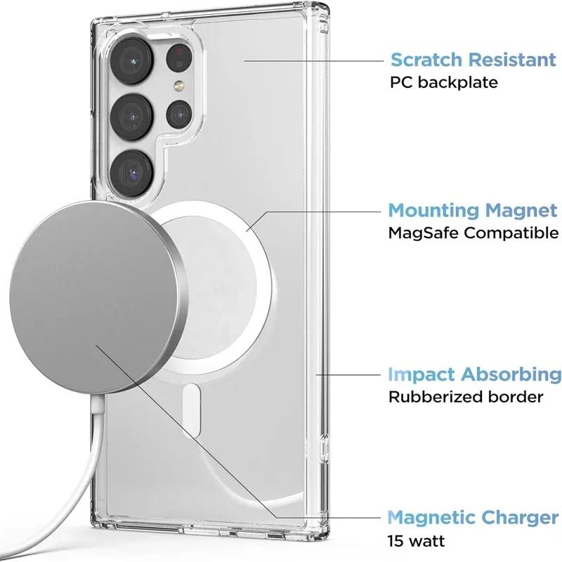 Magsafe Magnetiskt Fodral för Samsung Galaxy S24 S21 FE S22 S23 Ultra Plus S23 FE Trådlös Laddning Stötsäkert Genomskinligt Skydd