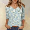 Women V Neck Floral Print Top with Three Quarter Sleeves Loose Fit Blouse Lightweight Casual Shirt for Daily Wear