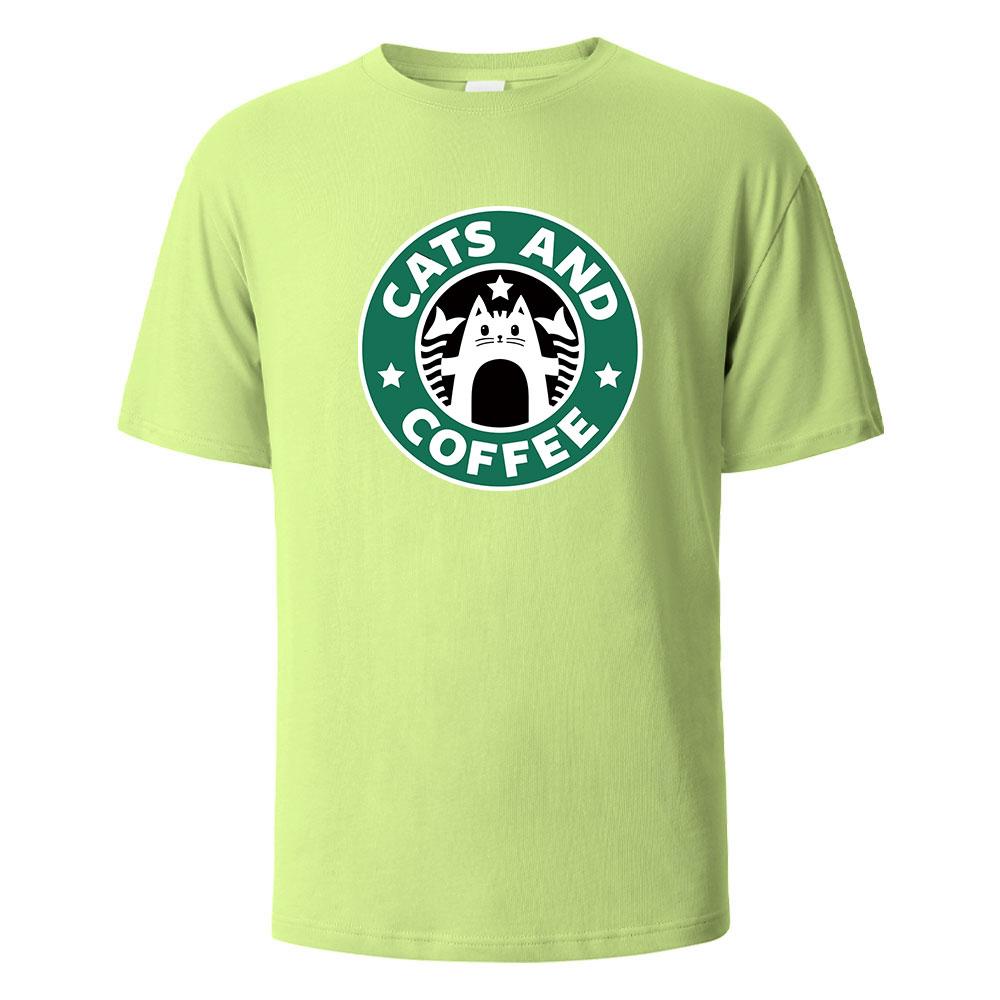 Cats And Coffee Street Funny TShirt For Men Fashion Casual Loose Cotton Clothing Crewneck Breathable Tshirt Hip Hop Tees