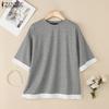ZANZEA Women Round Neck Short Sleeve Ruffled Patchwork Solid Color Casual Blouse