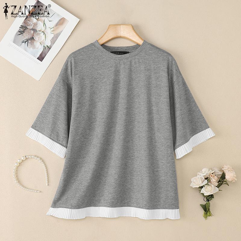 ZANZEA Women Round Neck Short Sleeve Ruffled Patchwork Solid Color Casual Blouse