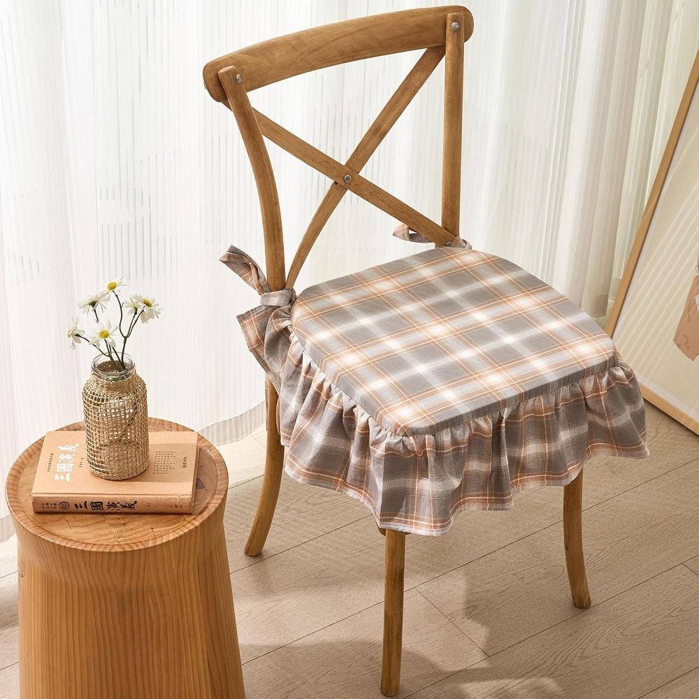 

Foam Filling Plaid Ruffled Chair Cushion Detachable Cotton Cover Seat Cushion Living Room Style D