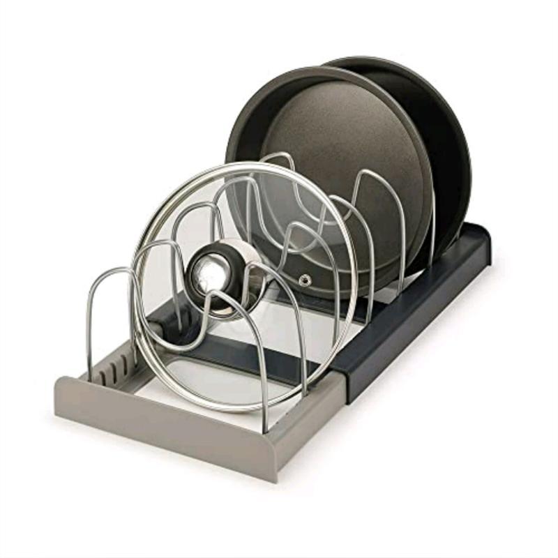 7-Grid Adjustable Pot Rack Telescopic Pan Organizer Easy Assemble Cabinet Storage Holder for Pantry Kitchen Countertop RV Use