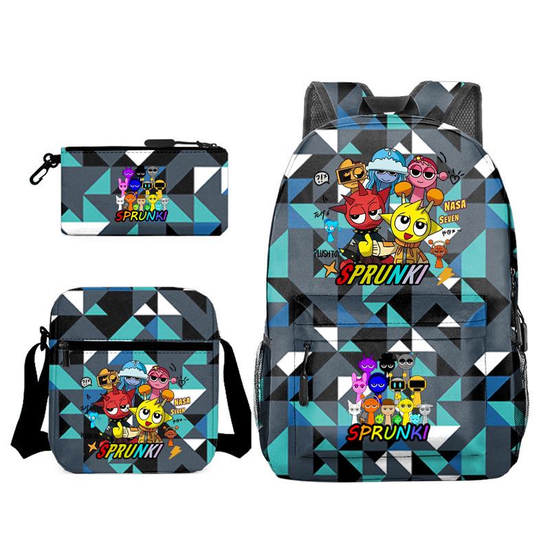 New Rhythm Box Sprunki Music Game Schoolbag Backpack Pencil Case Three-piece Set Student Heat Transfer Backpack D