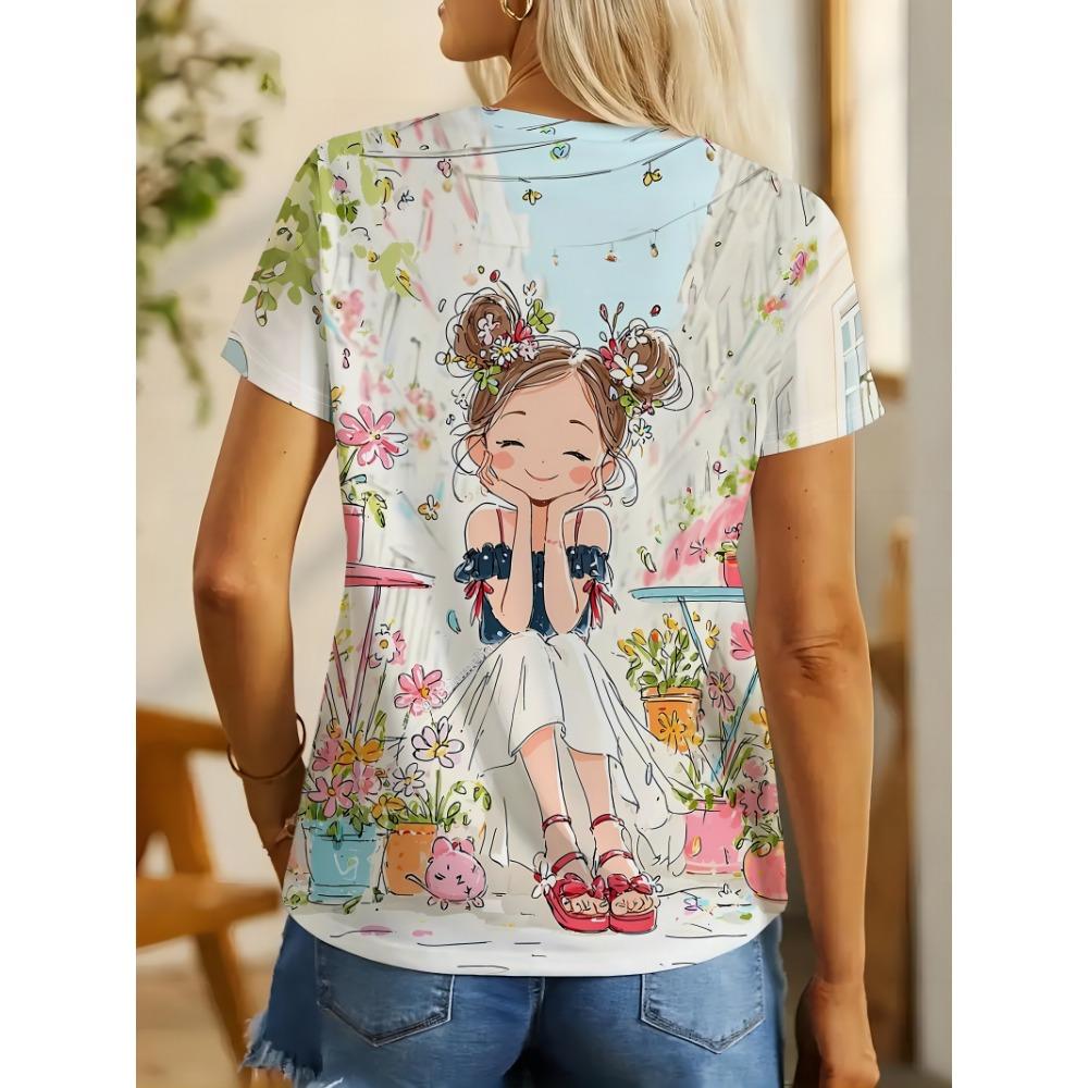 Hand drawn floral girls floral printed short sleeved T-shirt