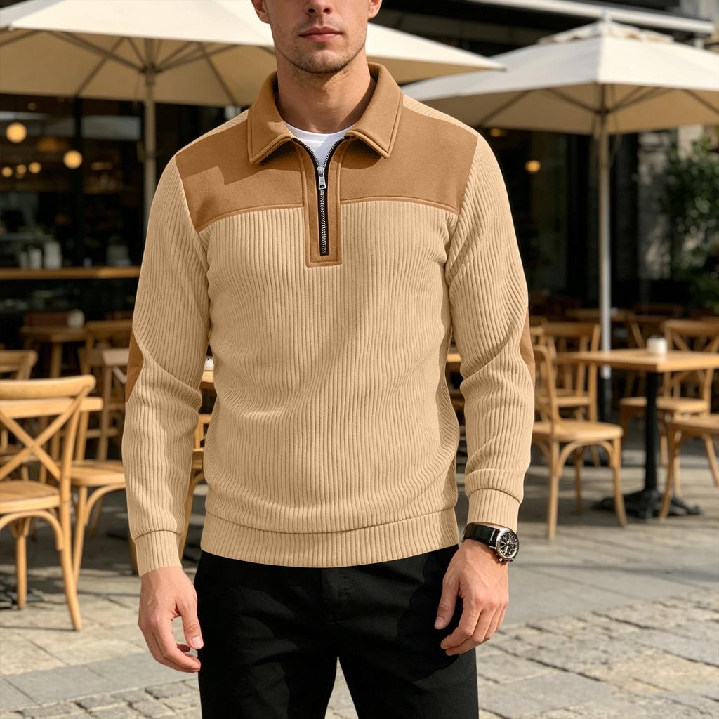 Men's Casual Loose Fit Knit Sweater Half Zip Pullover Long Sleeve Embroidered Sweatshirt with Collar Patchwork Design for Fall Winter