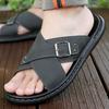 Men Flats Slippers Summer Roman Sandals Retro Black Brown Leather Wide Head Beach Shoes Plus Size