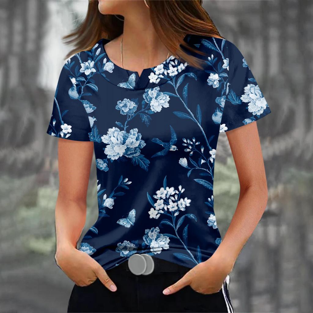 Women's Fashionable Casual Prints Short Sleeved Round Neck T-shirt Top
