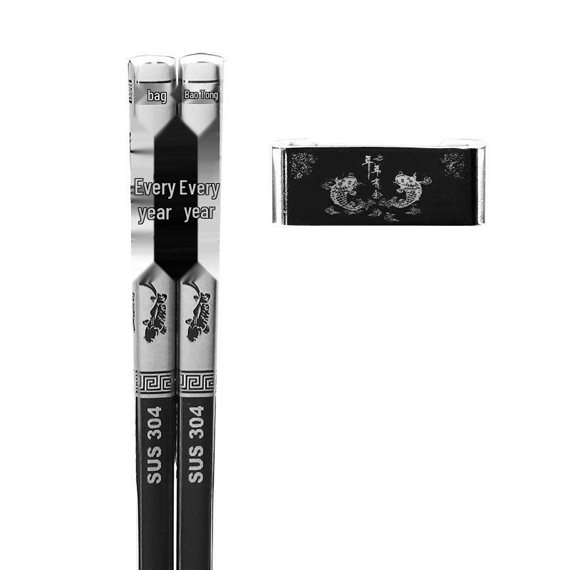 304 Stainless Steel Chopsticks & Rests Gift Set with Laser Black and White Logo