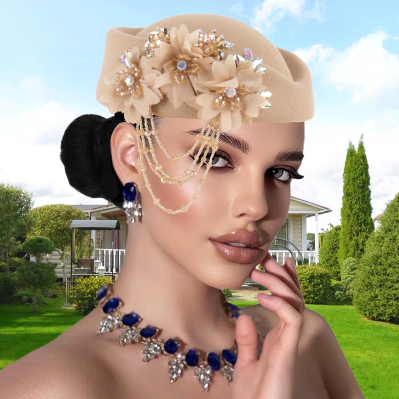 Retro British Hat For Women Elegant 3D Floral Decorated Flight Attendant Cap Beret Cosplay Costume Accessories