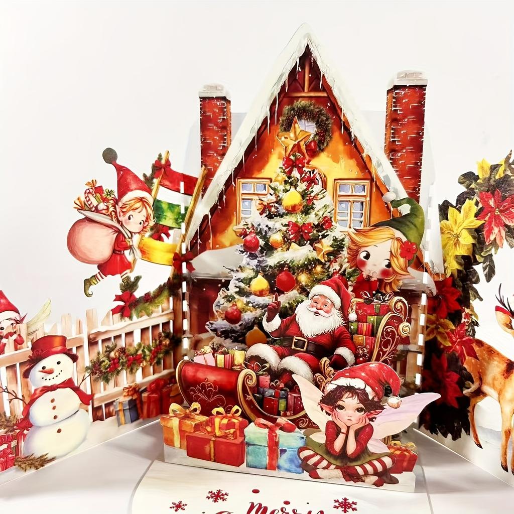 3D Christmas Card Night Before Christmas Scene with Santa Reindeer Snowy Village Moonlit Sky Festive Holiday Greeting Card Gifts