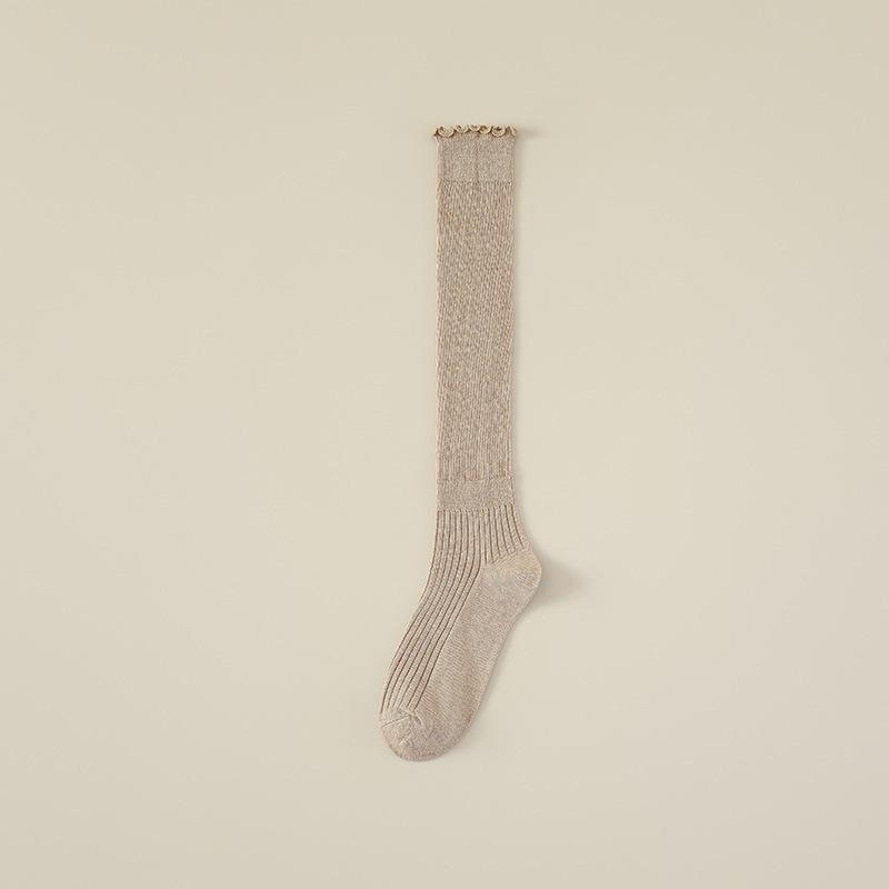 Frühlings- und Herbst-Holz-Ohr Manschette Lange Socken, Kniehohe Strümpfe für Damen mit Spitzenbesatz, Schöne Beinstrümpfe für Damen mit Spitzenbesatz.