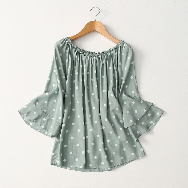 

Foreign Trade Original Order Simple Anti-Aging off-Neck Polka Dot Cotton Silk Shirt Women s Summer Thin Bell Sleeve Rayon Tops Light green One size