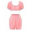 Womens Waterproof Vinyl Ruffled Pajamas Set Short Puff Sleeve Crop Top Bloomers Shorts
