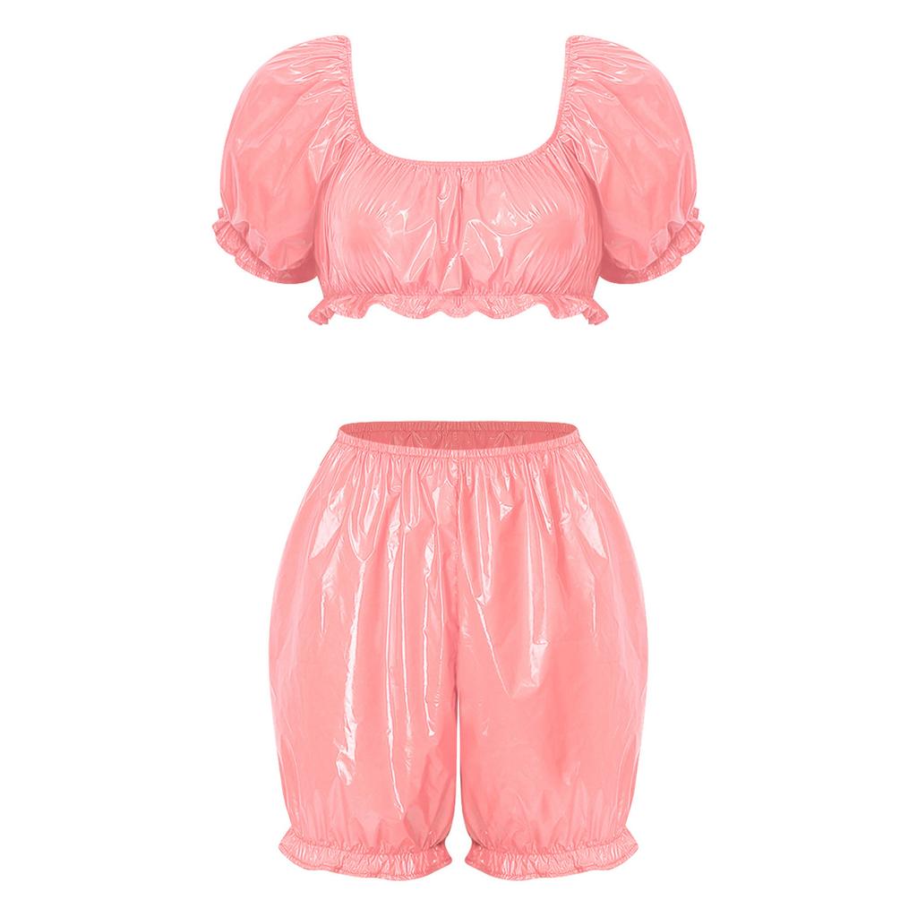 Womens Waterproof Vinyl Ruffled Pajamas Set Short Puff Sleeve Crop Top Bloomers Shorts