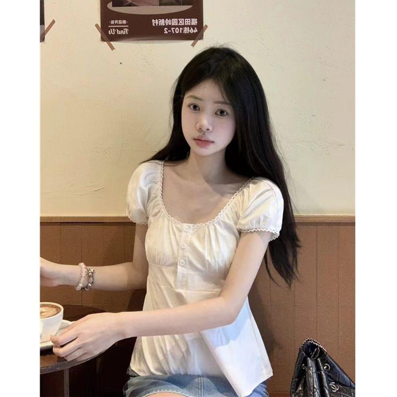 Gentle Style White Short-sleeved Shirt for Women Summer Design Niche Age-reducing Shirt Short Top Trendy