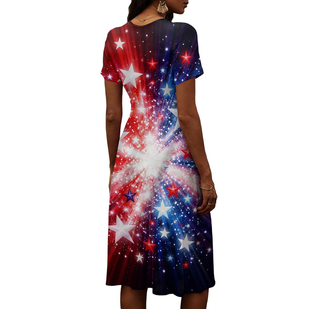 Damen Unabhängigkeitstag Print Lässiges Mode Kurzarm V-Ausschnitt Kleid