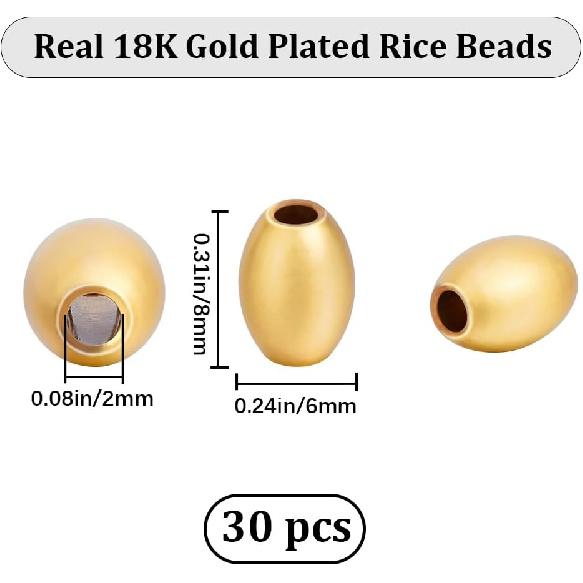 Beebeecraft 1 Box 30Pcs Oat Rice Beads 2mm 18K Gold Plated Smooth Oval Ball Rice Loose Spacer Beads for Jewelry Making DIY Crafts
