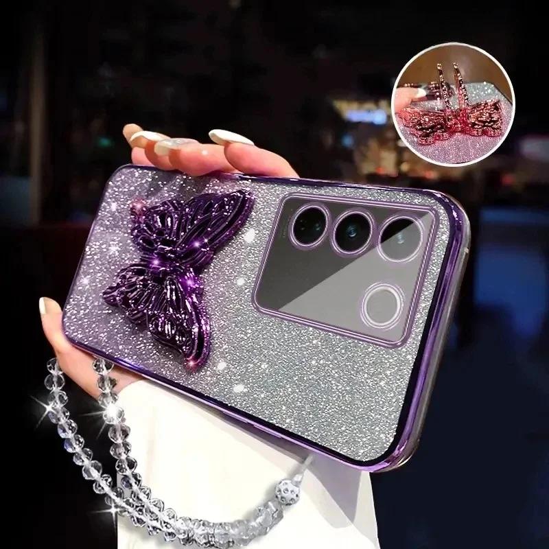 3D Butterfly Phone Holder Crystal Bracelet Glitter Plating Case for Samsung Galaxy A16 A06 5G Bling Soft Back Cover