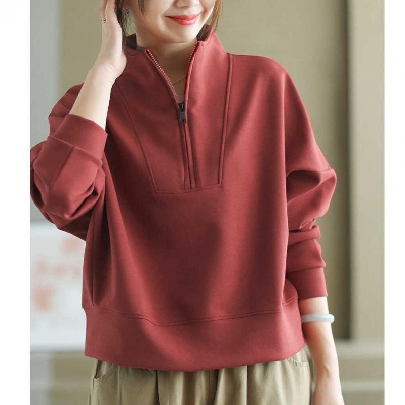 Damen Herbst/Winter Sweatshirt mit Stehkragen und halbem Reißverschluss: Modischer Pullover mit langen Ärmeln in lockerer Passform für lässige Übergrößen