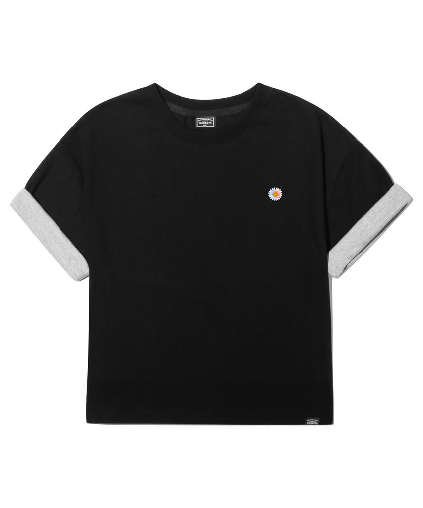 Peideu Pd Small Daisy Roll-Up Crop Short Sleeve Tee Black