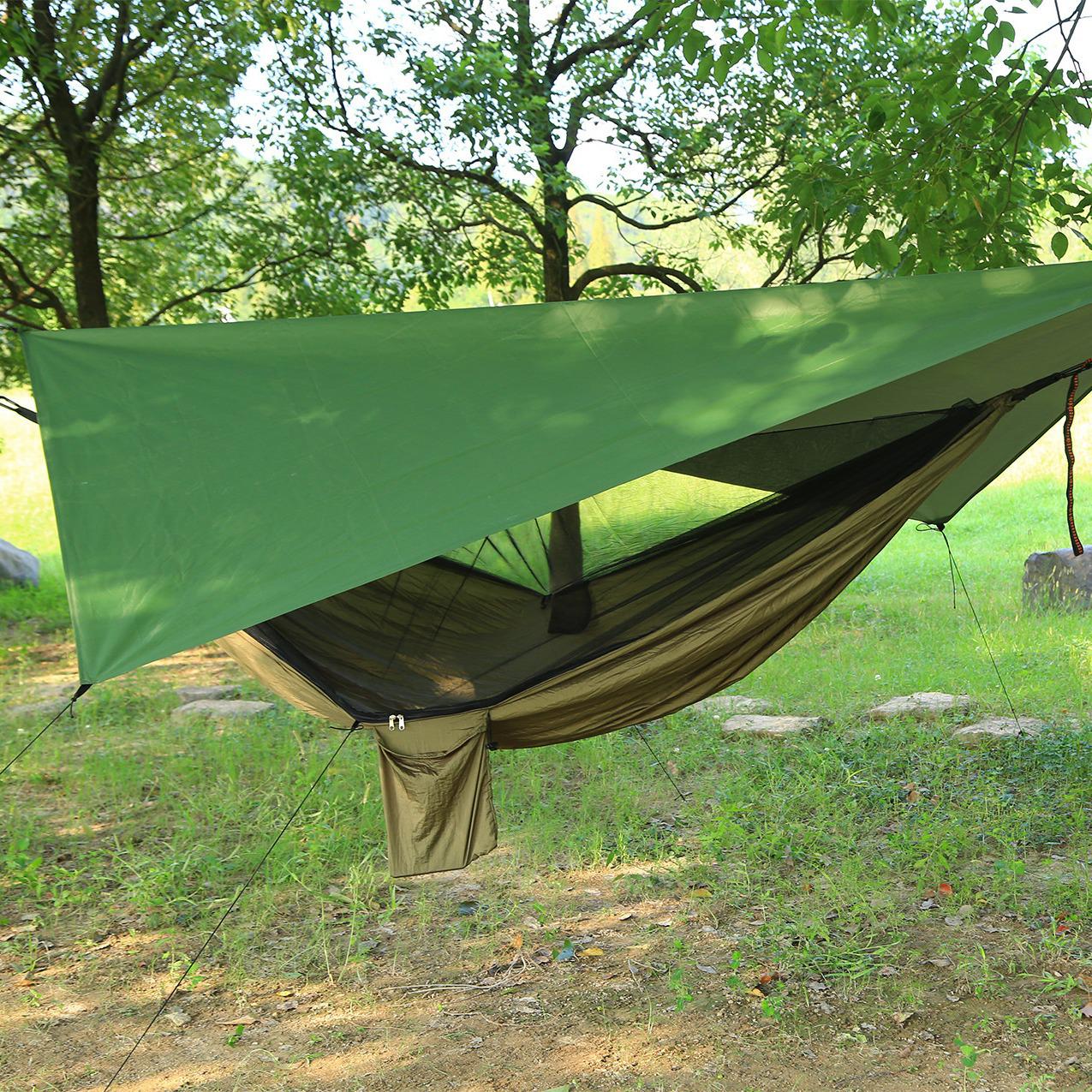 

Quick-Open Mosquito Net Hammock Tent: Parachute Nylon for Camping & Outdoor Leisure Camouflage Canopy + Black Hammock