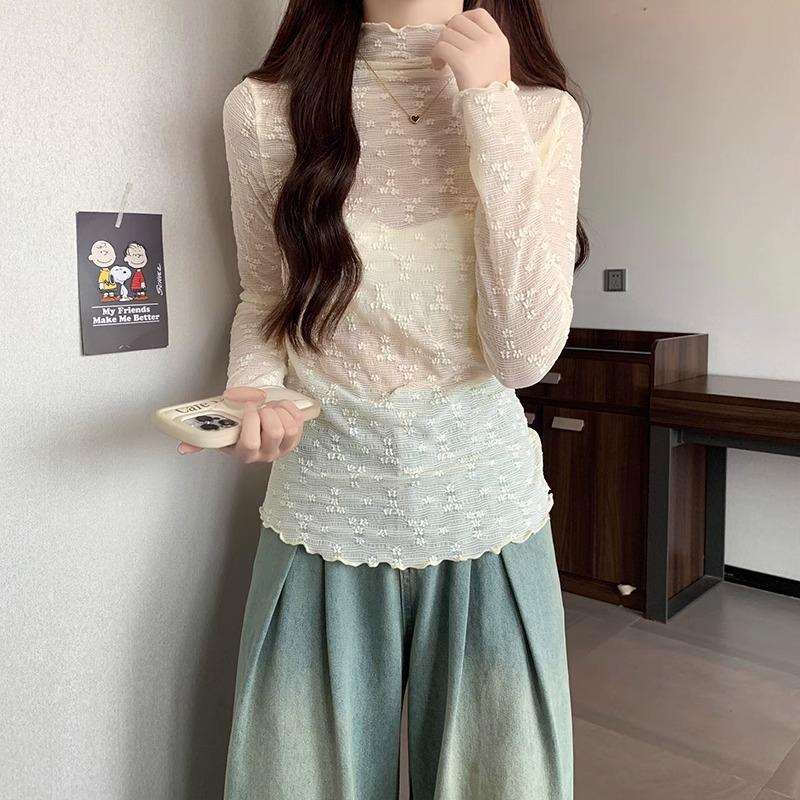 

Черная облегающая футболка, женская футболка на осень и зиму, плюс бархат для сохранения тепла, полувысокий воротник, кружевной топ с грибковой окантовкой и длинными рукавами XL