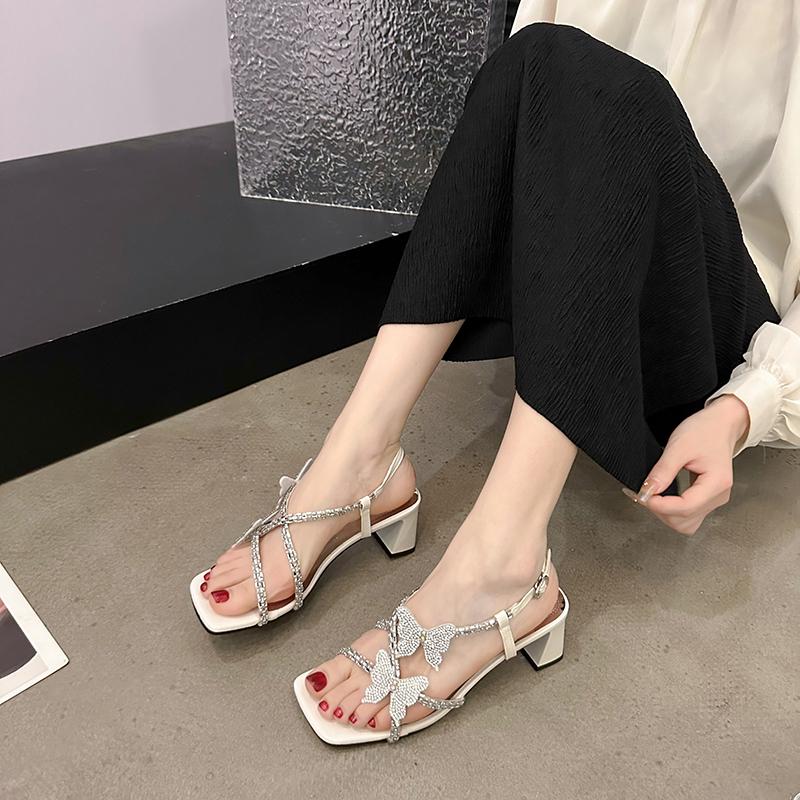 2024 New Solid Color Versatile Summer Retro Women's Shoes Luxury Sandals Women's High Heels Fashion New Low Rhinestones
