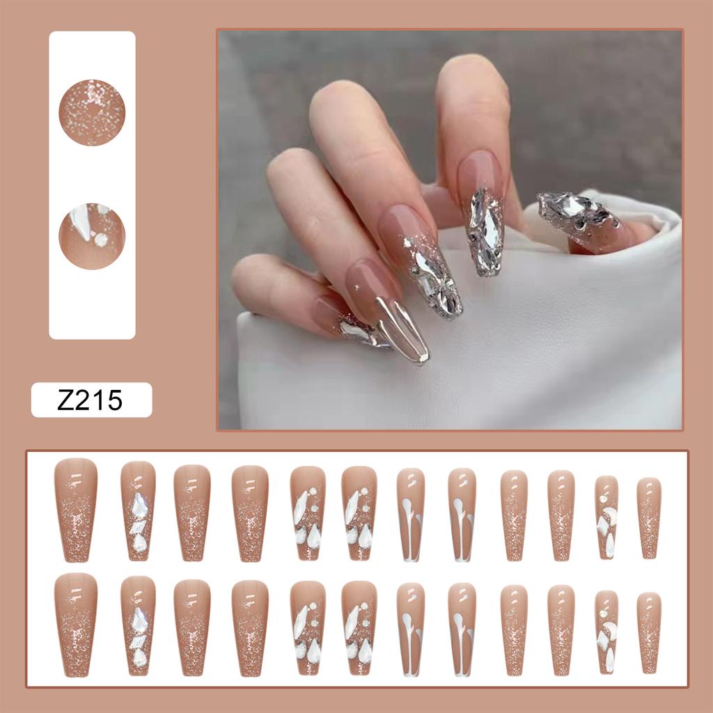 Artificial Nails Wearable False Nails Nude Color Diamond Long Shiny Nail Pieces Removable