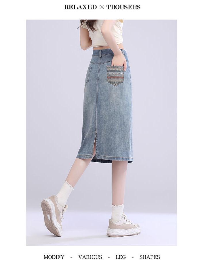 2025 High Waist Versatile Women's Denim Midi Skirt with Slit - Perfect for Spring/Summer