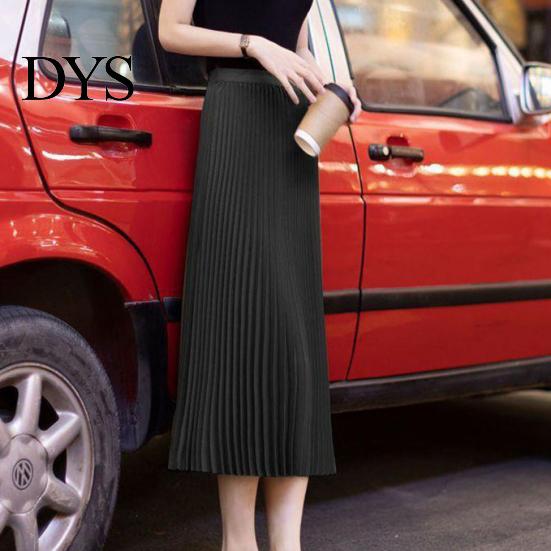 Indoor And Outdoor Wear Skirt Women Pleated Midi Elastic High Waist Solid Color for Smooth Outline Slimming Daily