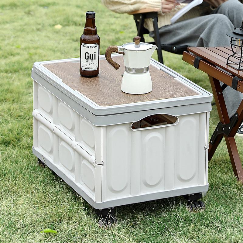 Składany pojemnik do przechowywania do bagażnika samochodowego z drewnianą pokrywką na kemping i piknik