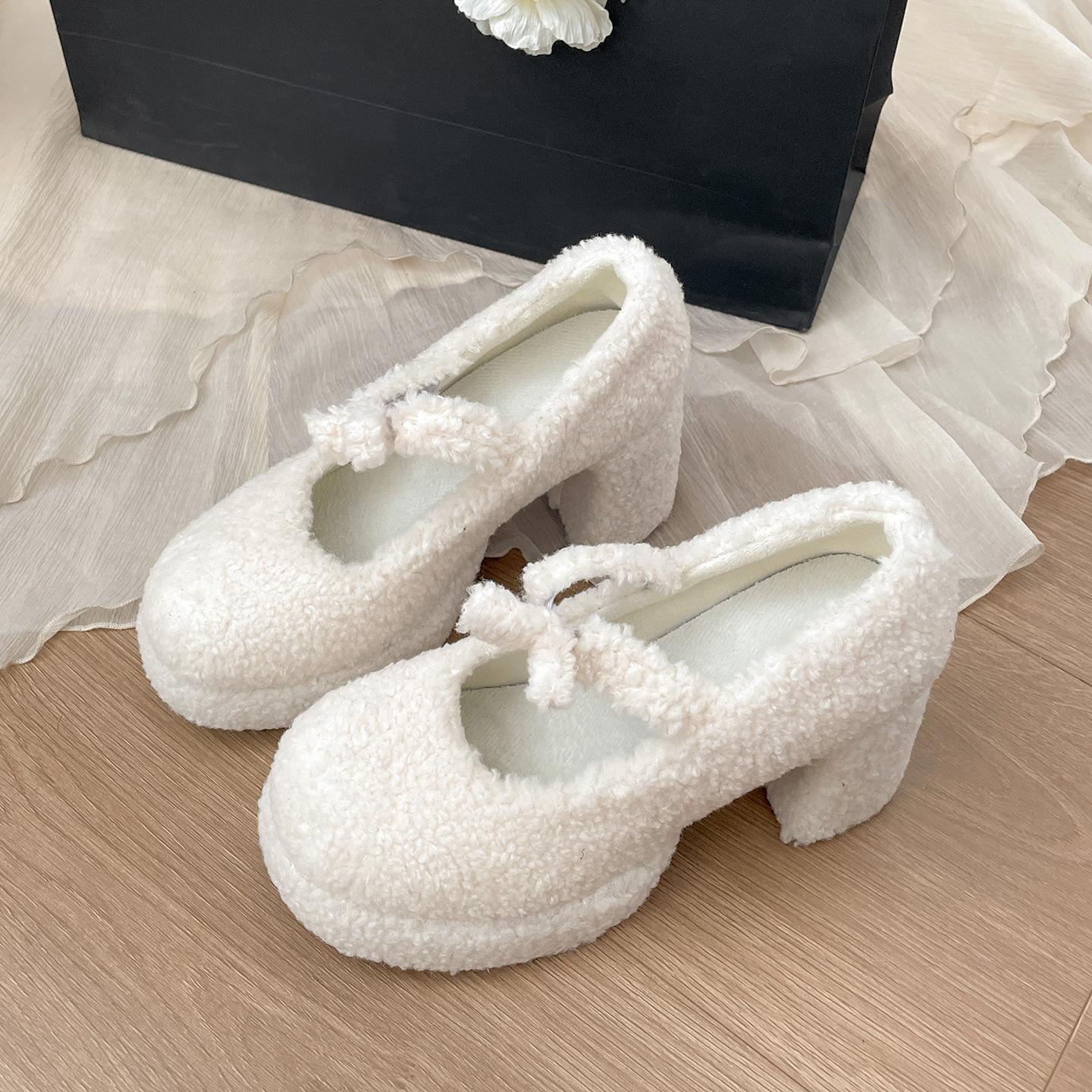 

White Mary Jane Shoes for Women French Style High Heel Pumps Women s Chunky Heel Short Plush Winter Warm Shoes Zapatos De Mujer 39 бежевий