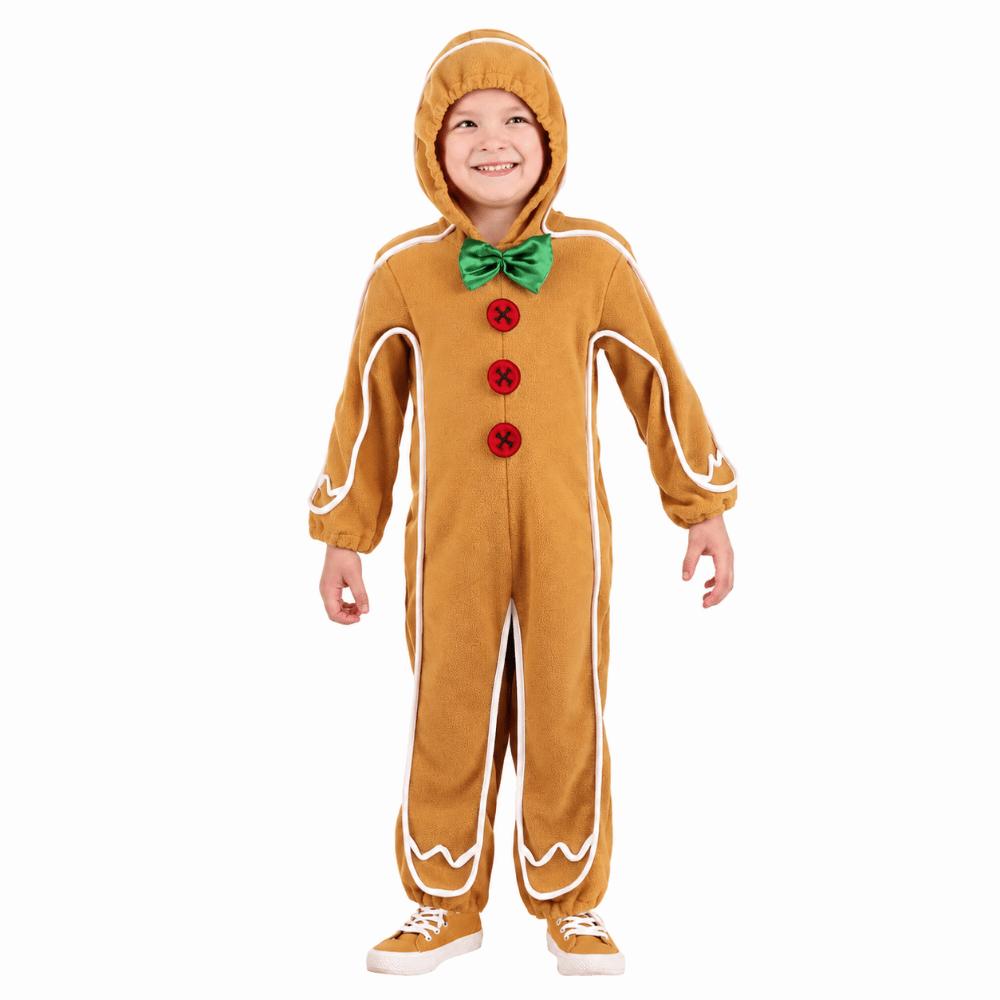 Hooded Gingerbread Man Onesie Long Sleeve Christmas Costume Gingerbread Cosplay Jumpsuit for Kids XS