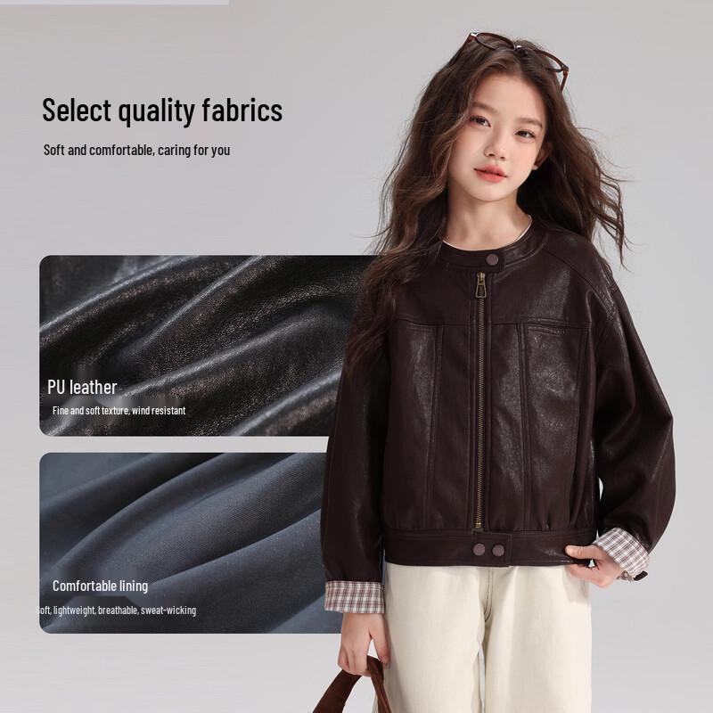 Girls' Vintage Faux Leather Jacket with Plaid Cuffs