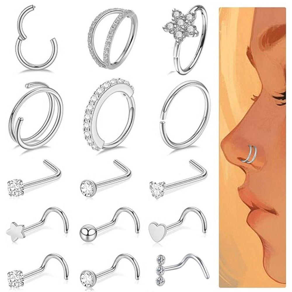 15Pcs L Ring Hoop Double Nose Rings Mixed Body Clips Hoop  for Women Men