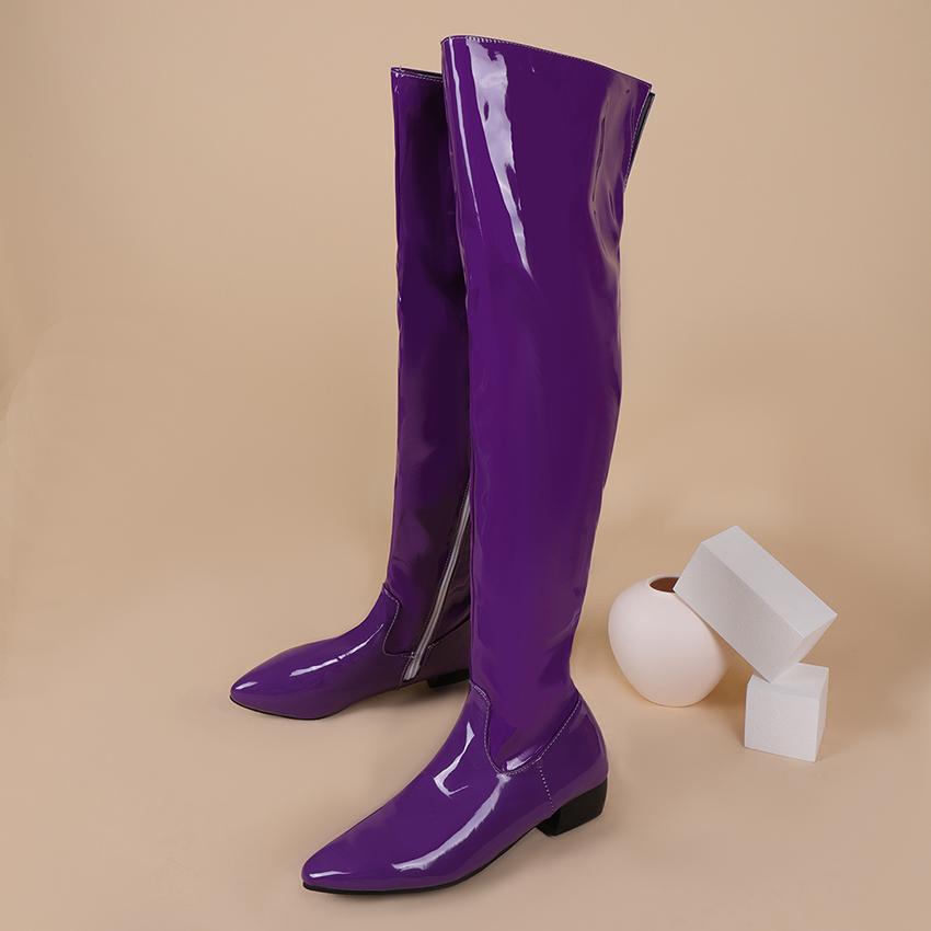 

Женские ботфорты выше колена, широкое голенище, размеры 34~48, конфетный цвет, массивный низкий каблук, заостренный носок, лакированная кожа, удобные ботинки, обувь на молнии 39 фиолетовый