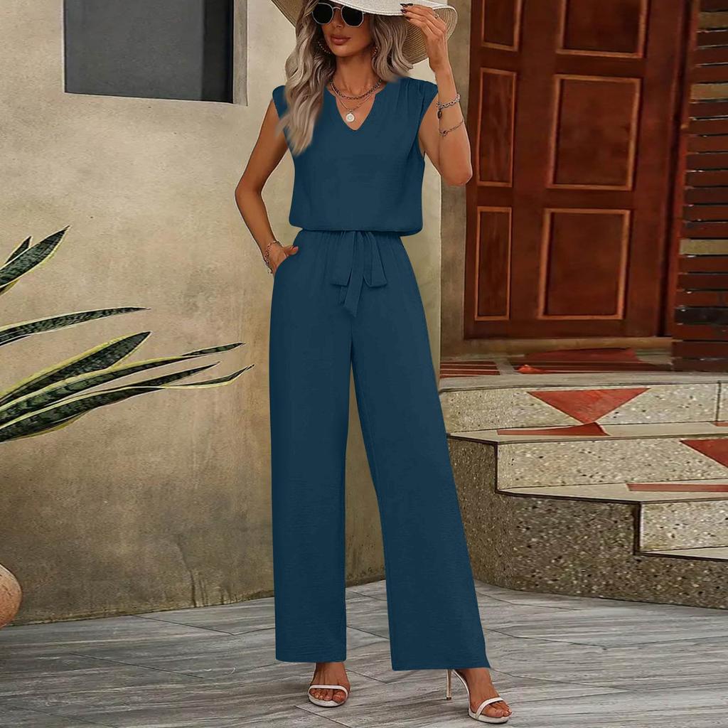 Women Sleeveless V Neck Two Piece Set Loose Fit Top with Tie Waist Wide Leg Pants Casual Lounge Outfit for Everyday Wear