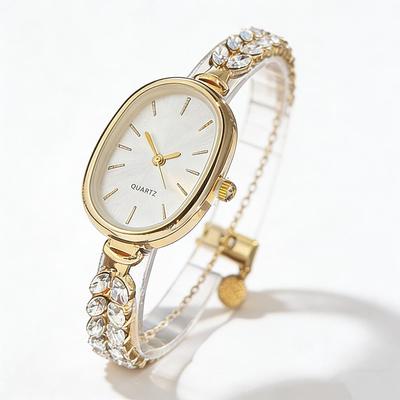 Elegante Damen-Gold-Diamant-Armbanduhr - Ovales Zifferblatt Quarz-Armbanduhr