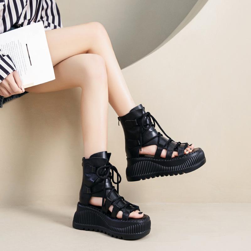 

8cm High Wedge Heel Leather Roman Open Toe Sandals Women s 2025 Spring/Summer Thick Sole Platform Shoes EU 39 чёрный