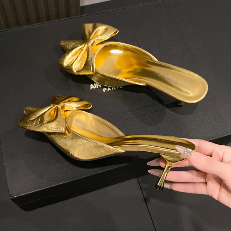Fashion Bow Pointed Toe Women Slippers High Heels Stilettos Mules Shoes Sexy Pumps Woman Summer Slingback Sandals 2025 Mujer Zapatillas