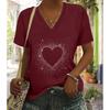 Fashion Love Shape Painting Blouses Short Sleeved V-Neck T Shirts Casual