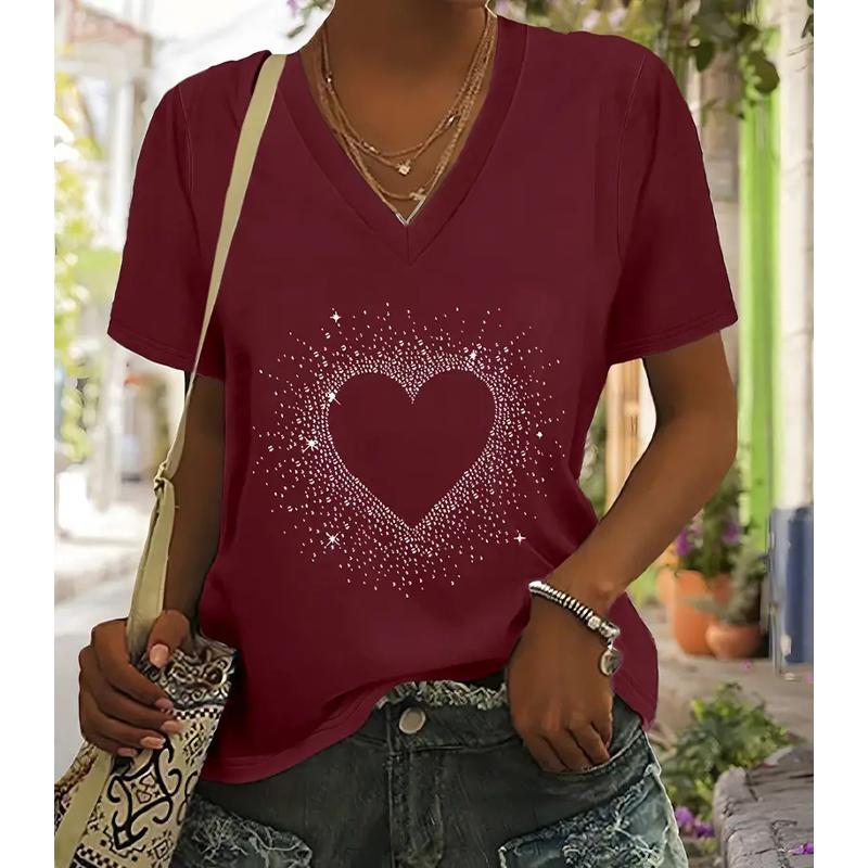 Fashion Love Shape Painting Blouses Short Sleeved V-Neck T Shirts Casual