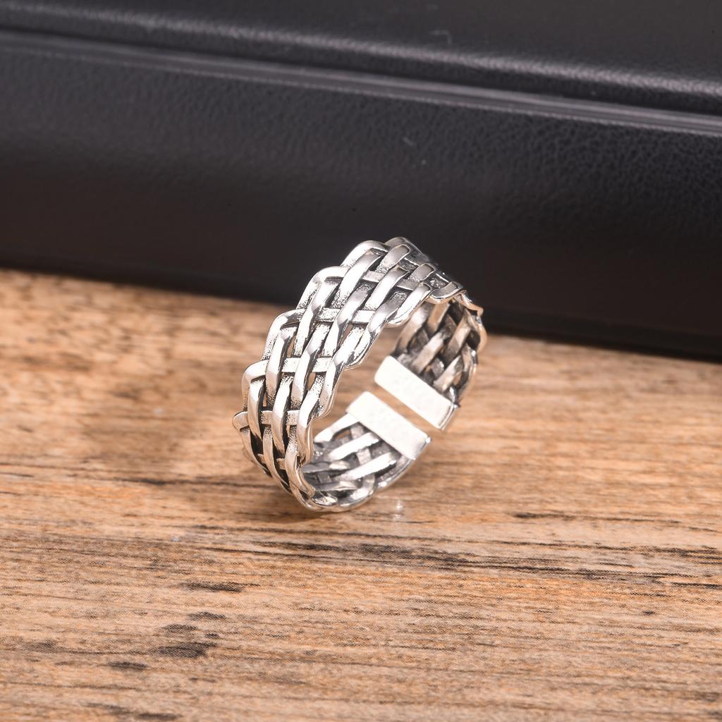 Chunky Woven Rings for Men Boys,Classic Thick Braided Metal Band Ring,Adjustable Anniversary Birthday Jewelry Gift