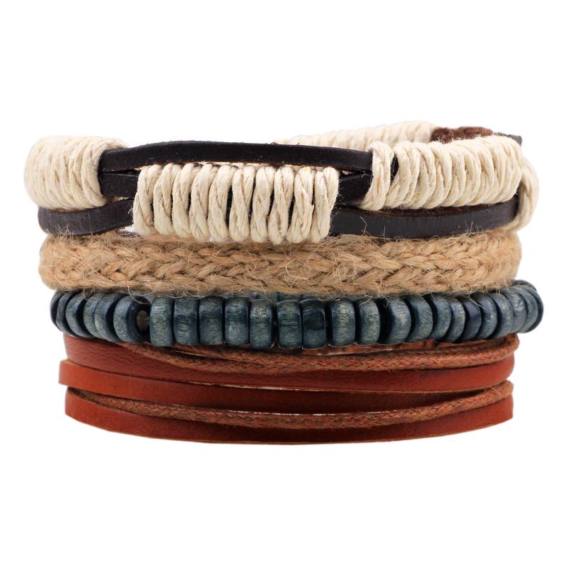 Men's Retro Multi-Strand Cowhide Anchor Bracelet Set with Wood Beads