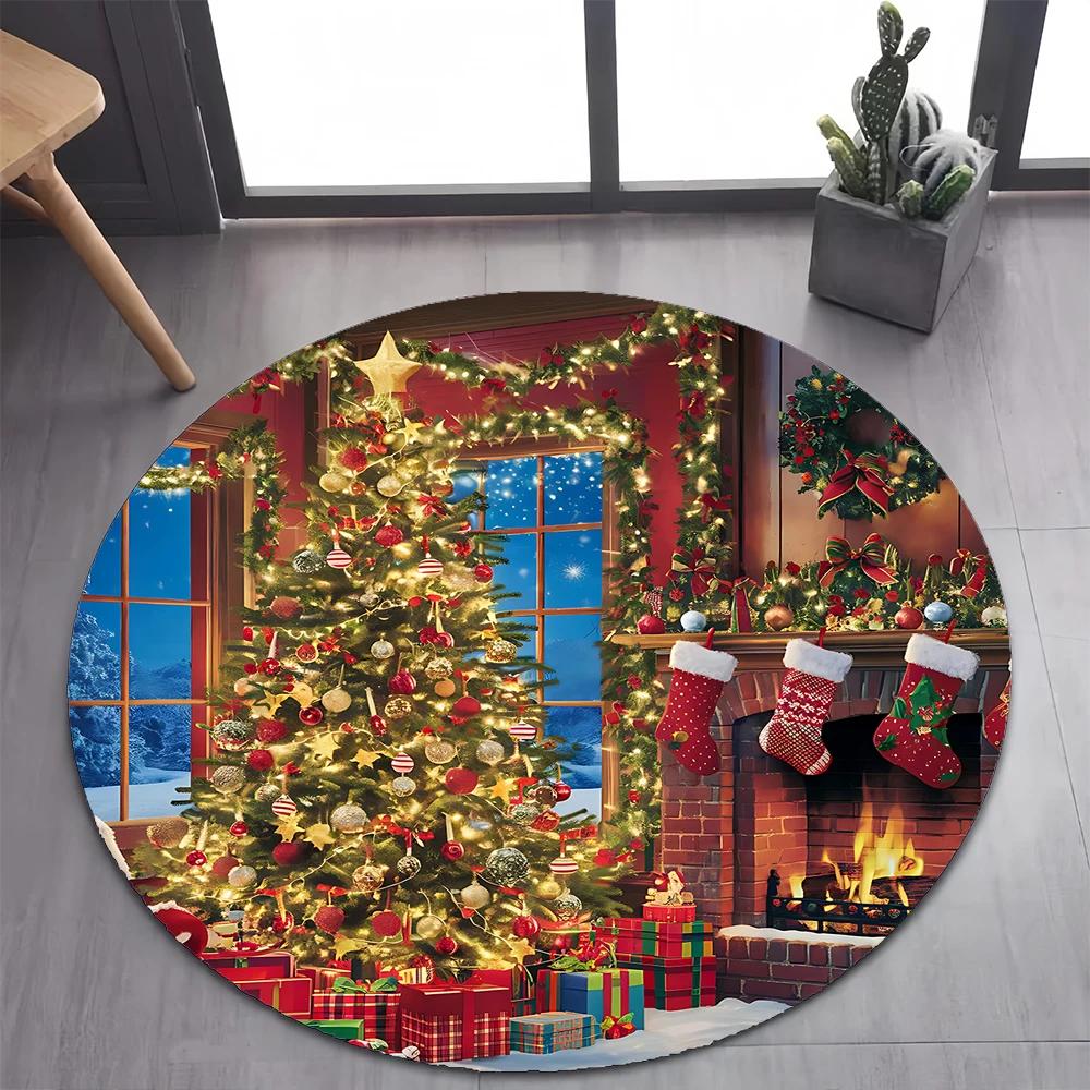 Christmas Night Round Carpet Mat Santa Reindeer Sleigh Pattern Rug Soft Home Decoration for Holiday Party Living Room Decor