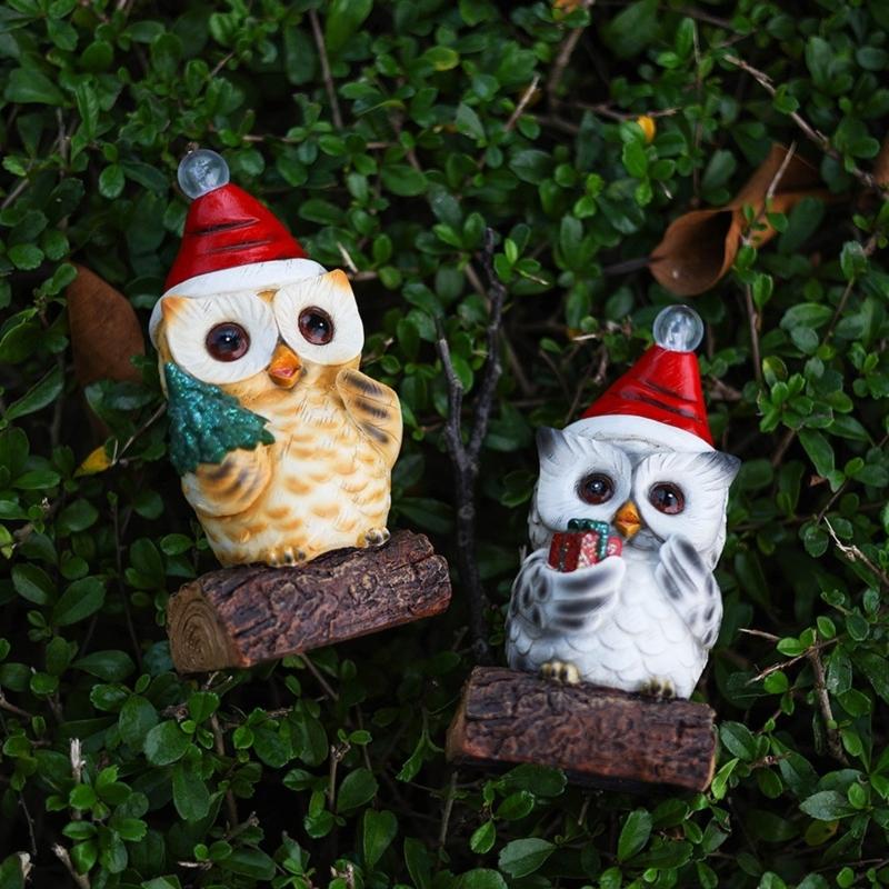 Owl Statue with LED Lighted Santa Hat for Festival Home Accent Resins Miniature Figurine Christmas Decorative Ornament