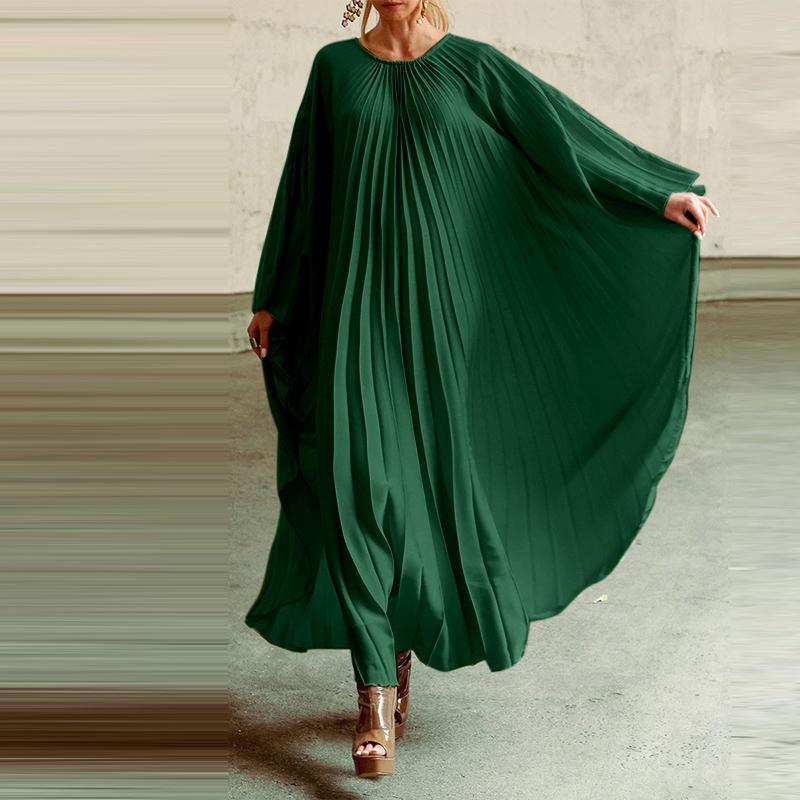 VONDA Robe trapèze plissée à manches longues et col rond pour femme