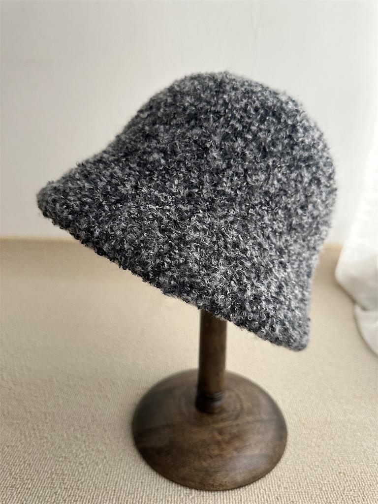 Retro bucket hat women's autumn and winter wool lamb plain face cover big head circumference basin hat versatile thickened warm bucket hat