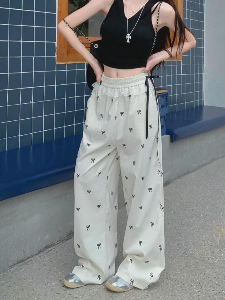 Women's Summer Lace Bow Wide-Leg Pants with Elastic Waist